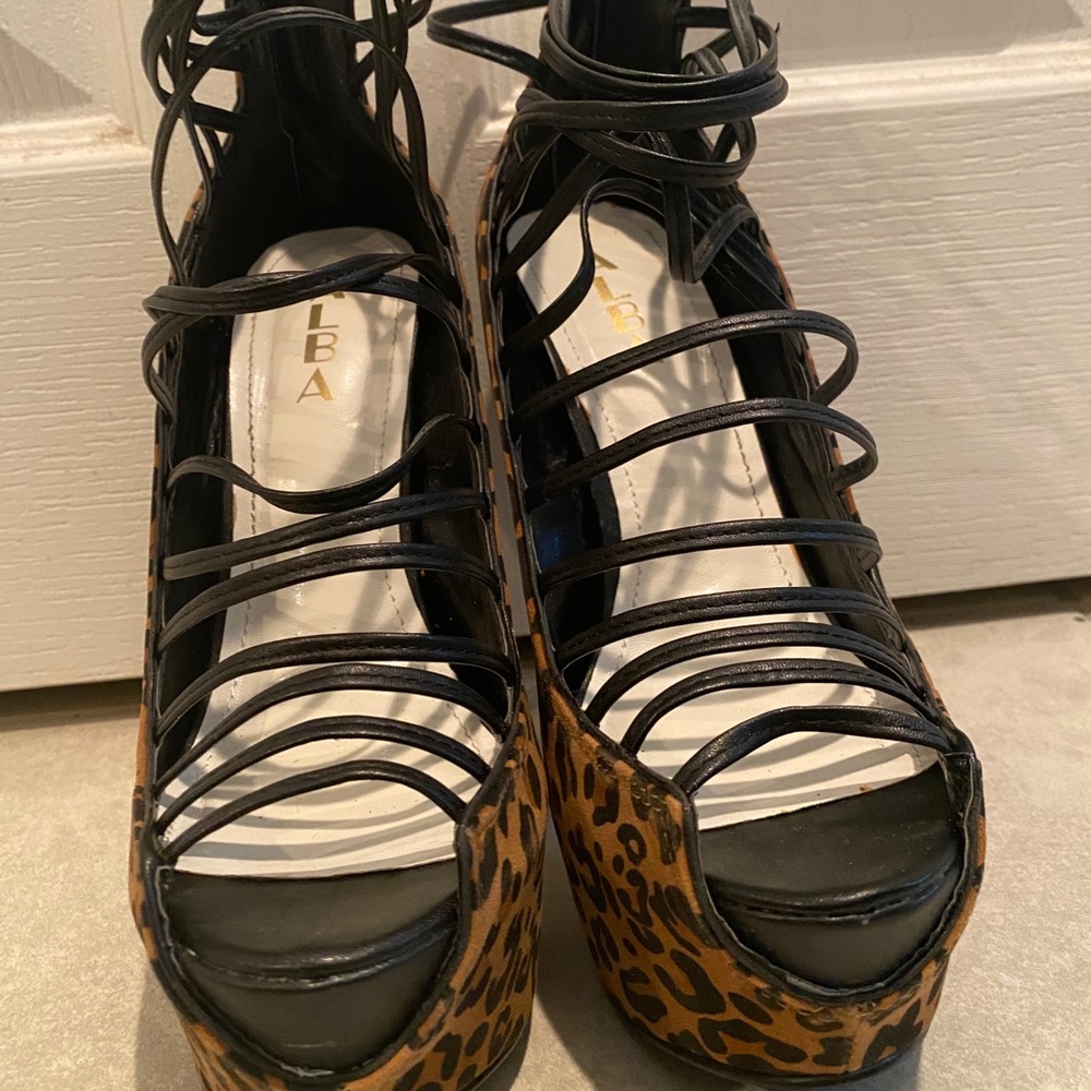 Alba Leopard Print platform strapped peep toe heel